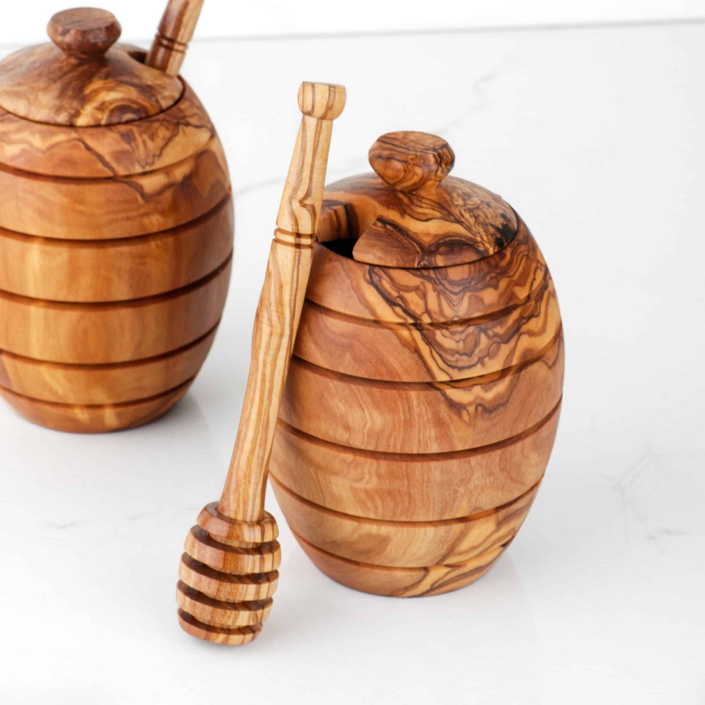 Set of 2 Honey Pots with Dipper | Honey Jar with dipper handmade from Olive wood | Honey Dispenser (US FAST Shipping +Free Wood Conditioner)