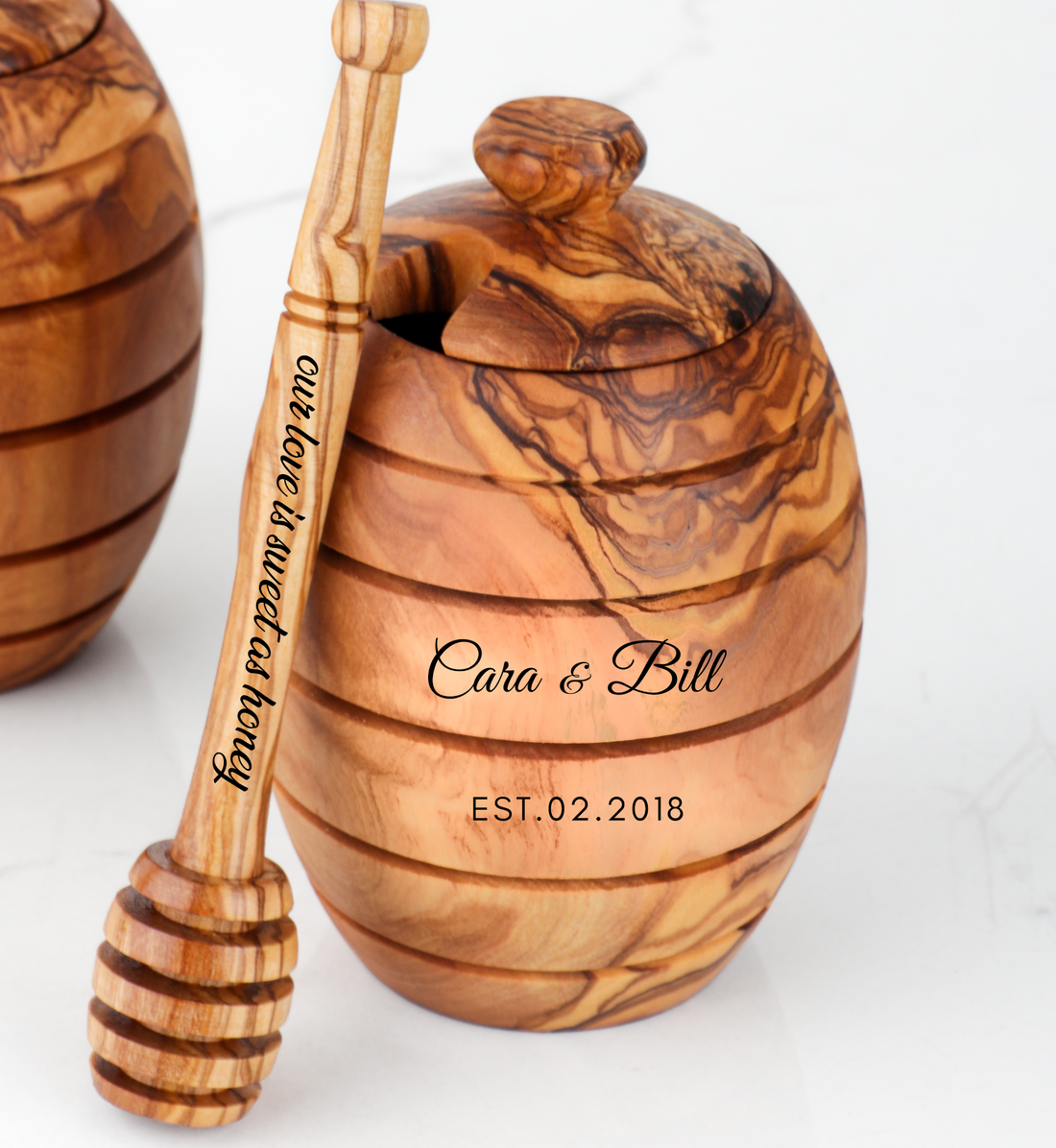 Handmade olive wood honey pot with dipper by ArtisRaw in Tunisia