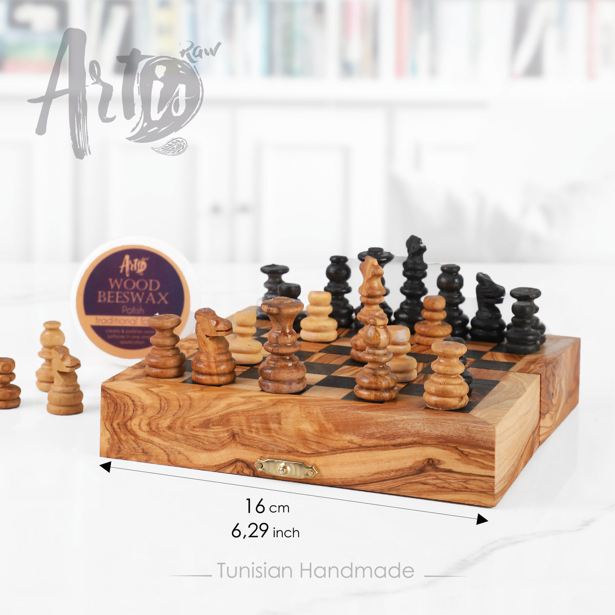 OliveWood Folding Chess Set With Storage and Chess Pieces - Artisraw Tunisie