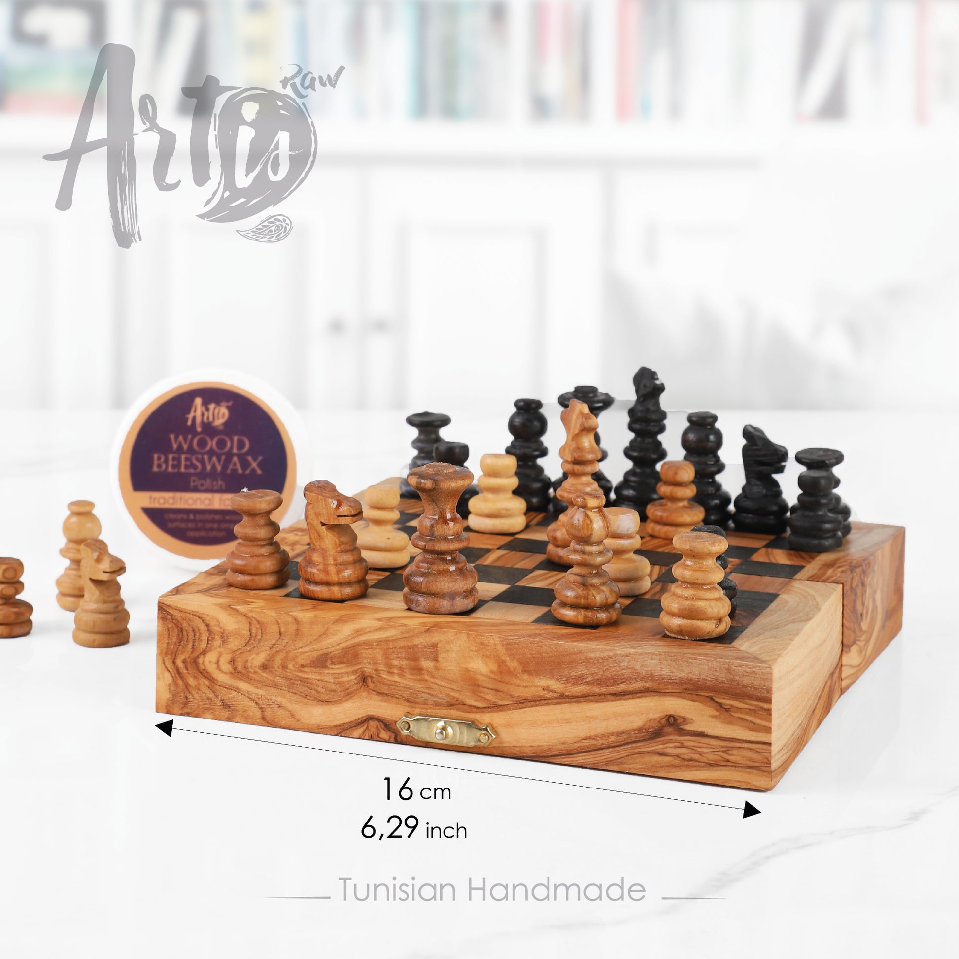 OliveWood Folding Chess Set With Storage and Chess Pieces - Artisraw Tunisie