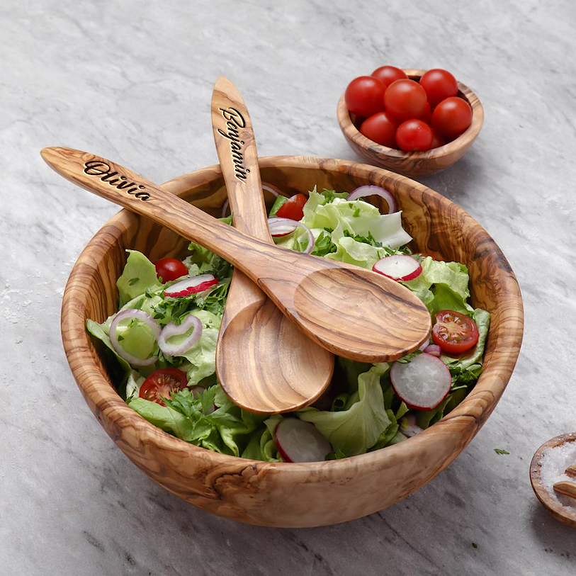 Personalized Olive Wood Salad Bowl & Serving Spoon Set – Handmade Wooden Salad Server Set