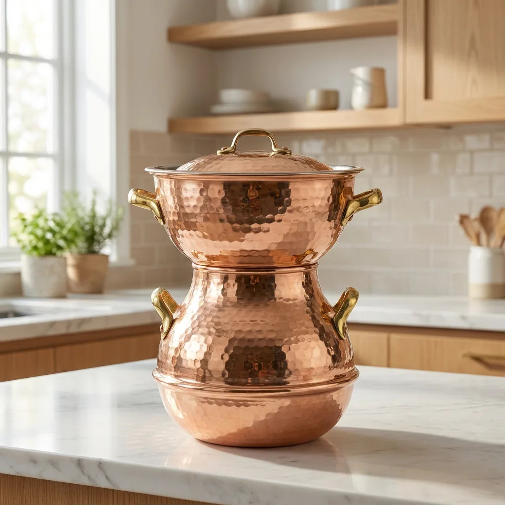 Handmade Hammered Copper Couscoussier (Couscous Steamer) – Traditional 2-Tier Steamer