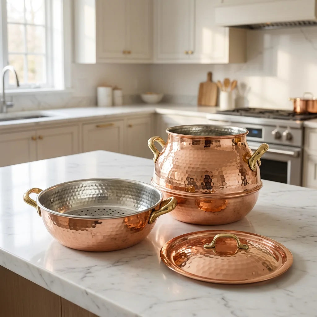 Handmade Hammered Copper Couscoussier (Couscous Steamer) – Traditional 2-Tier Steamer