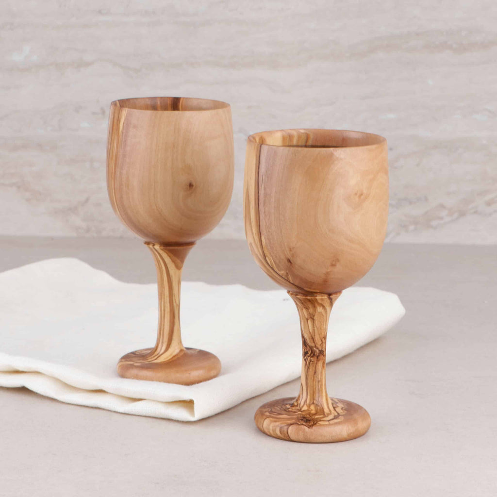 Set of 2 Wooden Goblet Made of Olive Wood – Handcrafted Natural Wine Cups