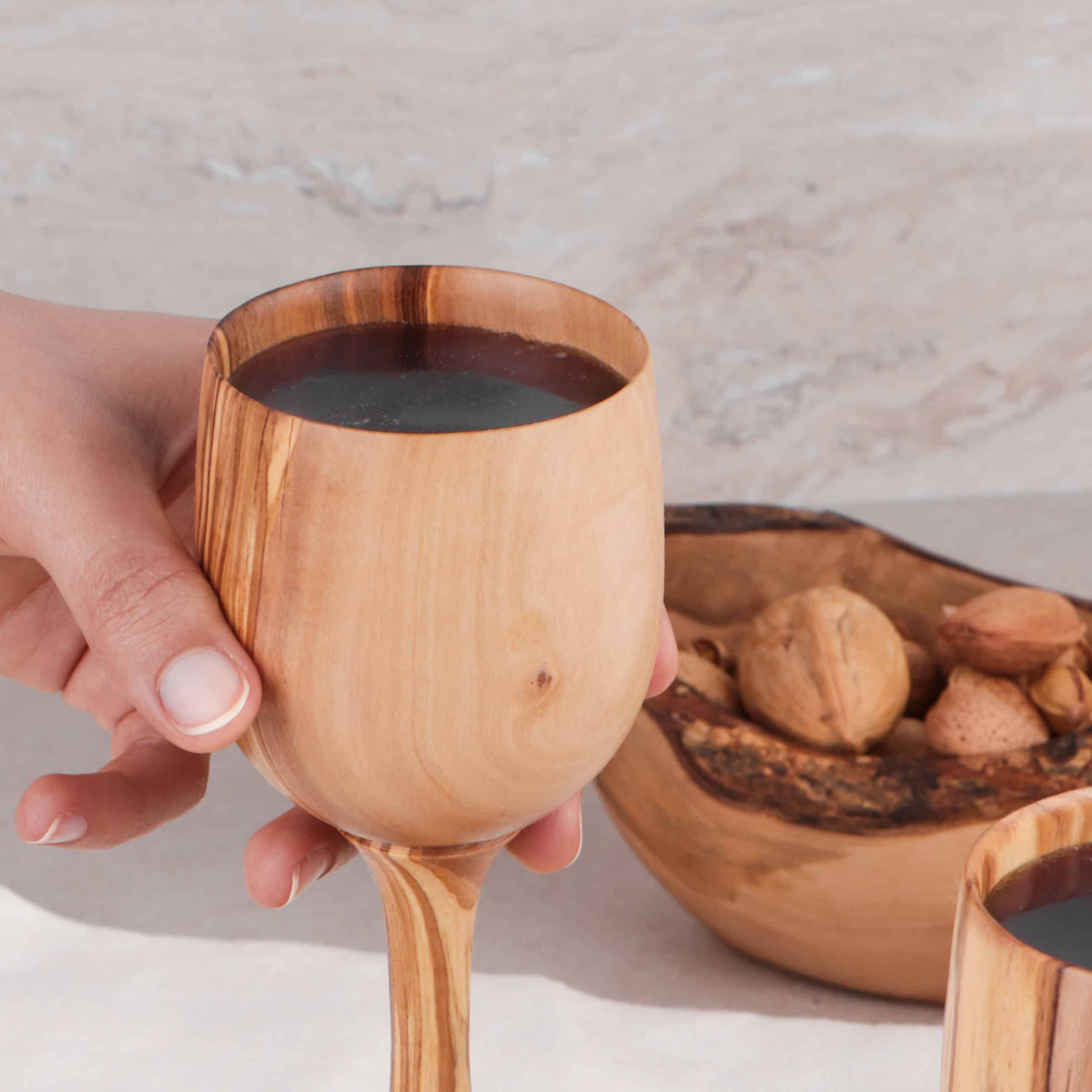 Set of 2 Wooden Goblet Made of Olive Wood – Handcrafted Natural Wine Cups
