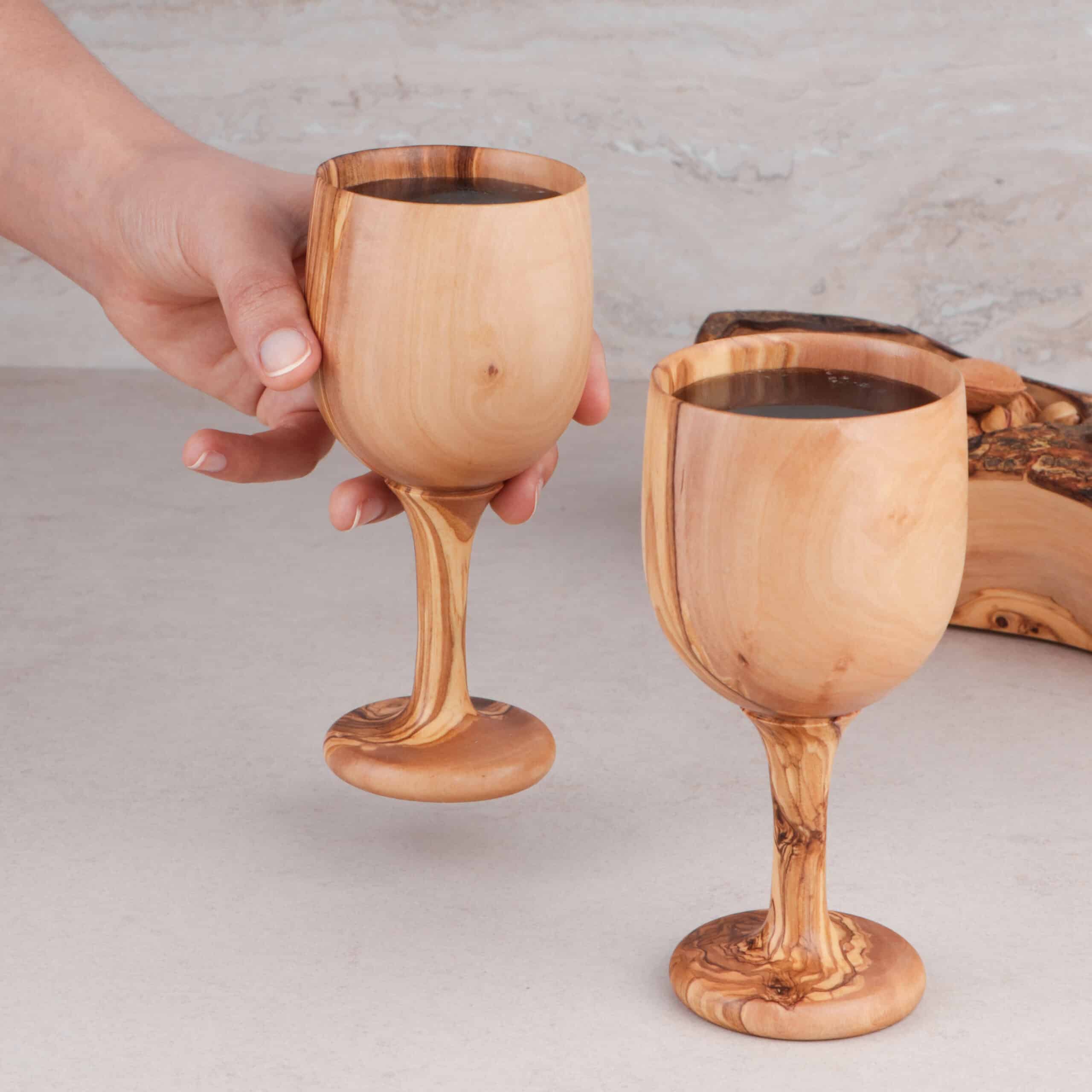 Set of 2 Wooden Goblet Made of Olive Wood – Handcrafted Natural Wine Cups