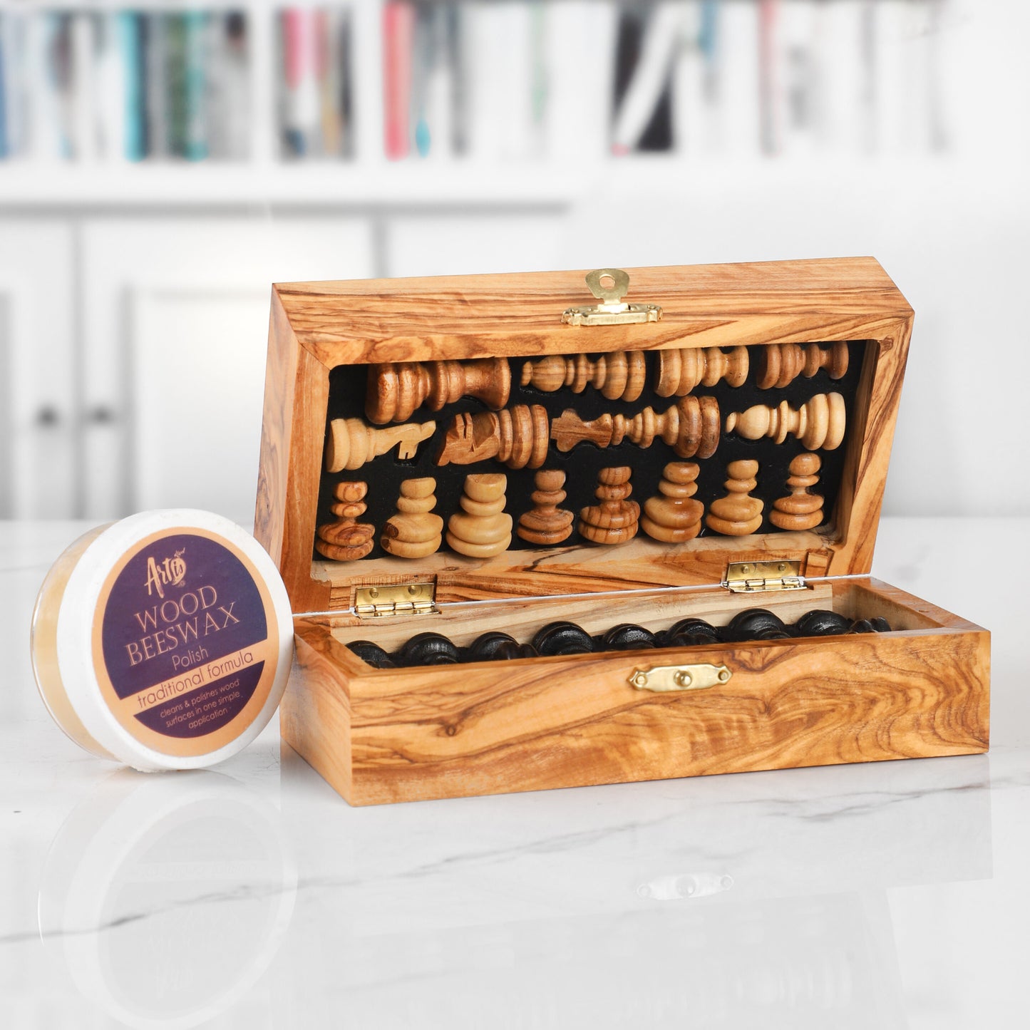 OliveWood Folding Chess Set With Storage and Chess Pieces - Artisraw Tunisie