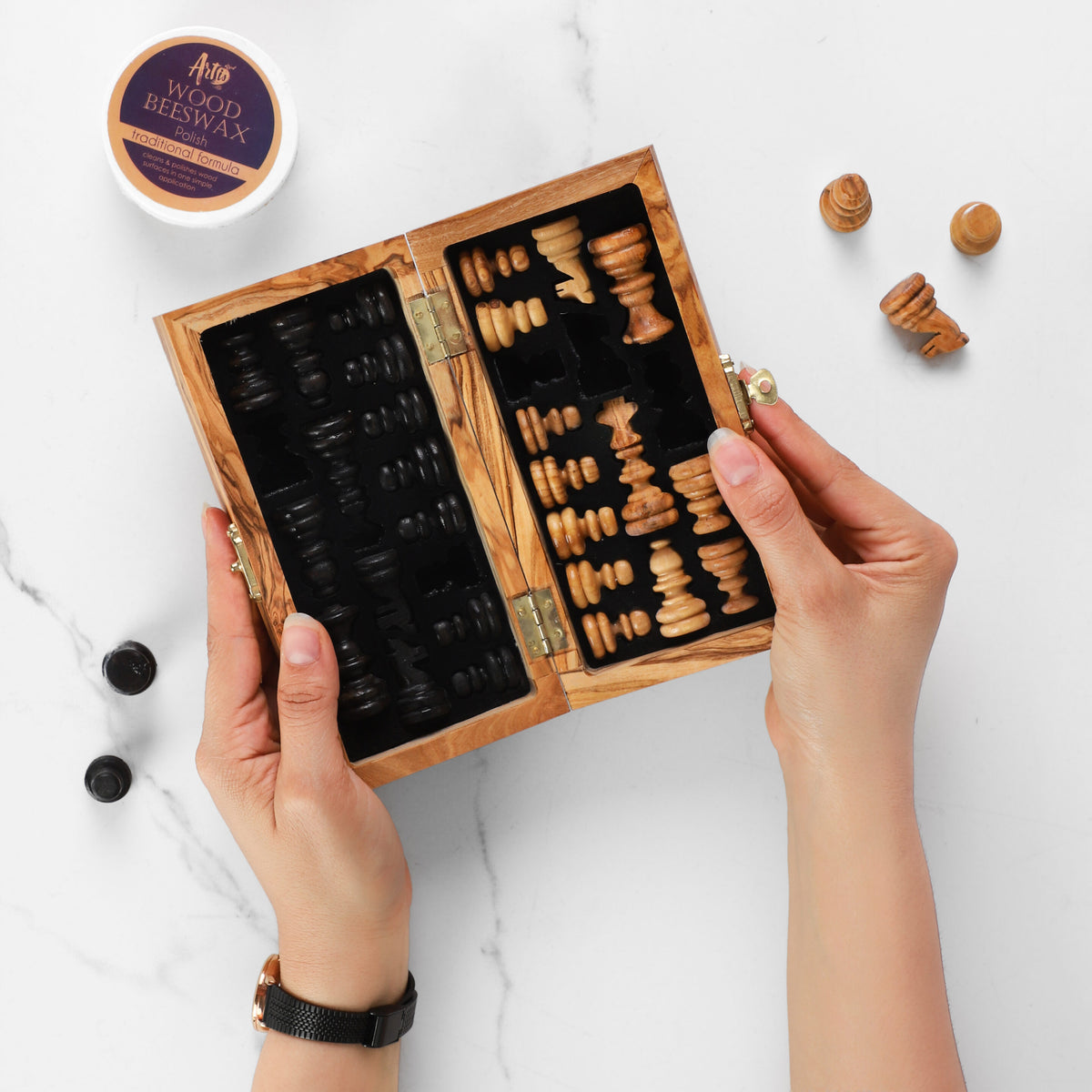 OliveWood Folding Chess Set With Storage and Chess Pieces - Artisraw Tunisie
