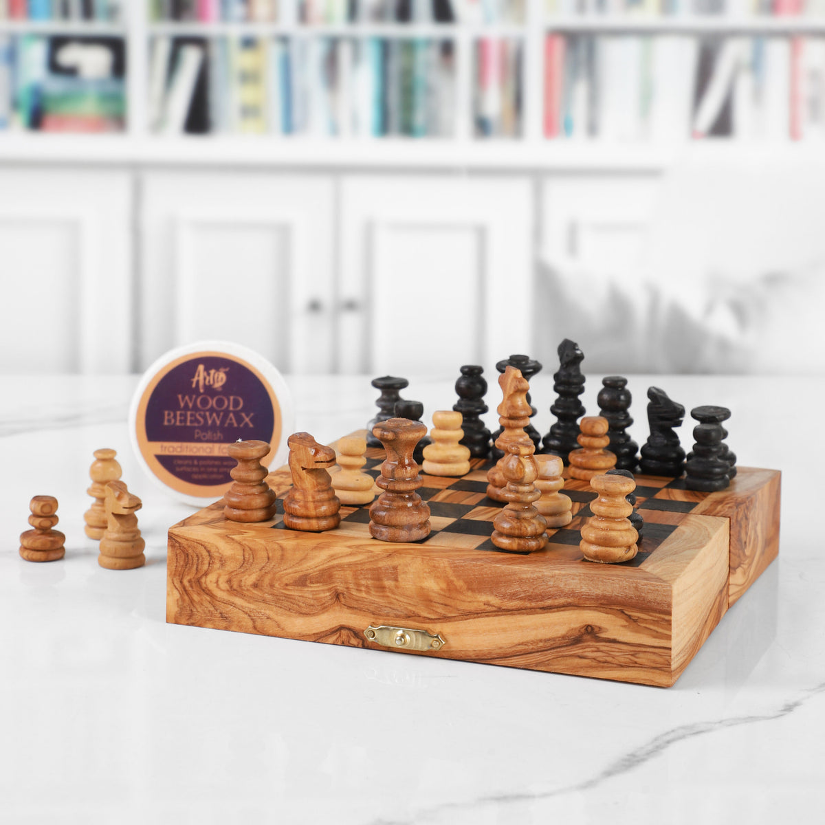 OliveWood Folding Chess Set With Storage and Chess Pieces - Artisraw Tunisie