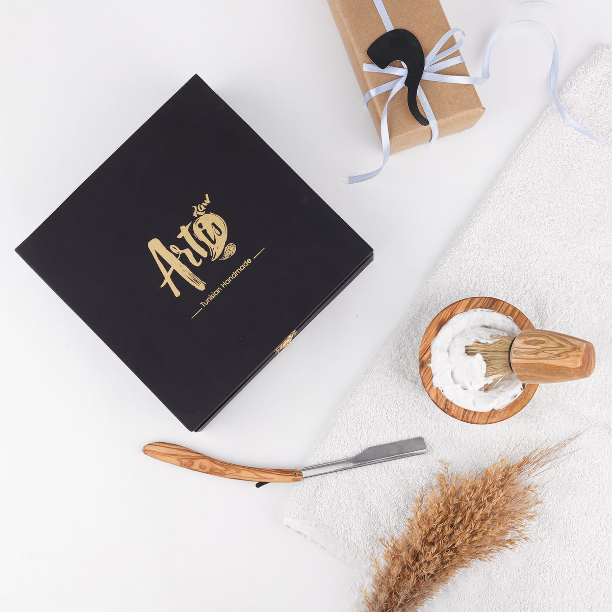 Olive Wood Shaving Set for Men – Handmade Brush, Bowl & Straight Razor | Artisraw Tunisie