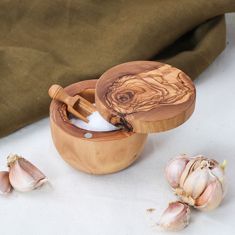 Wooden Salt Cellar with Lid and Wooden Spoon