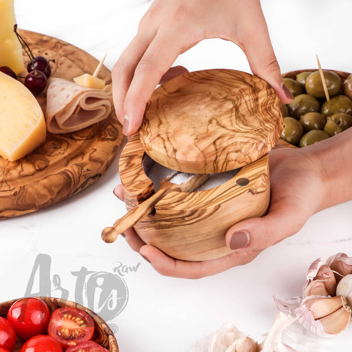 Olive Wood Salt Cellar with Pivoting Lid & Spoon