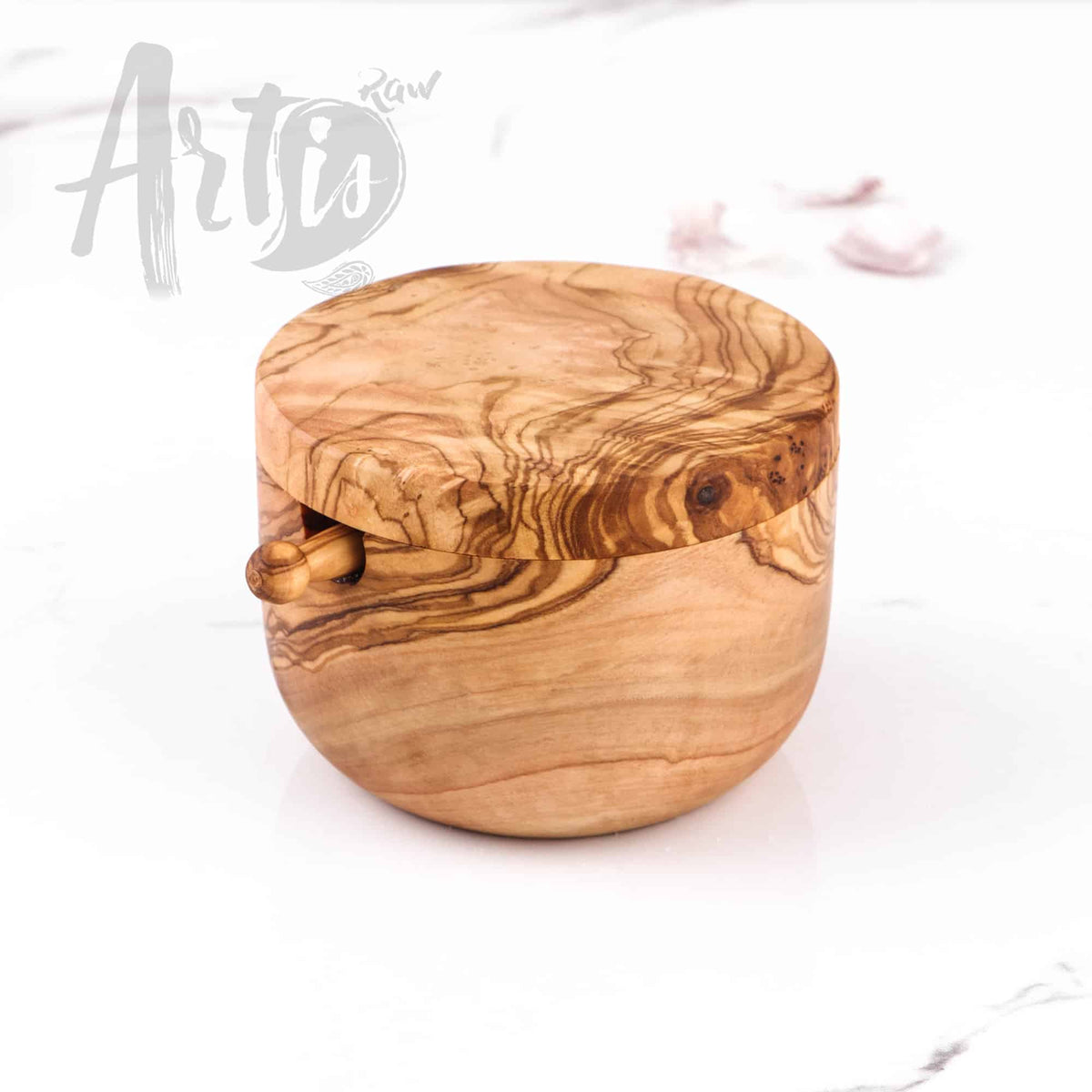 Olive Wood Salt Cellar with Pivoting Lid & Spoon