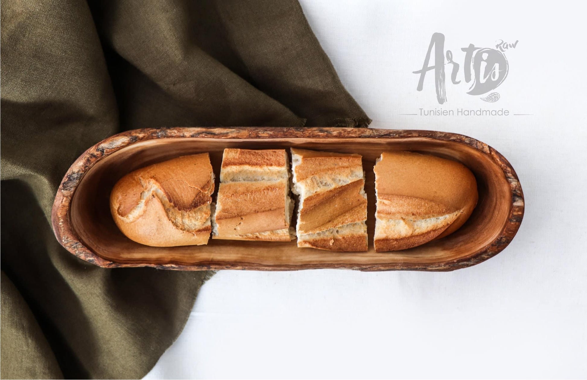 French Bread Basket Handmade from Olive Wood – Rustic Serving Bowl
