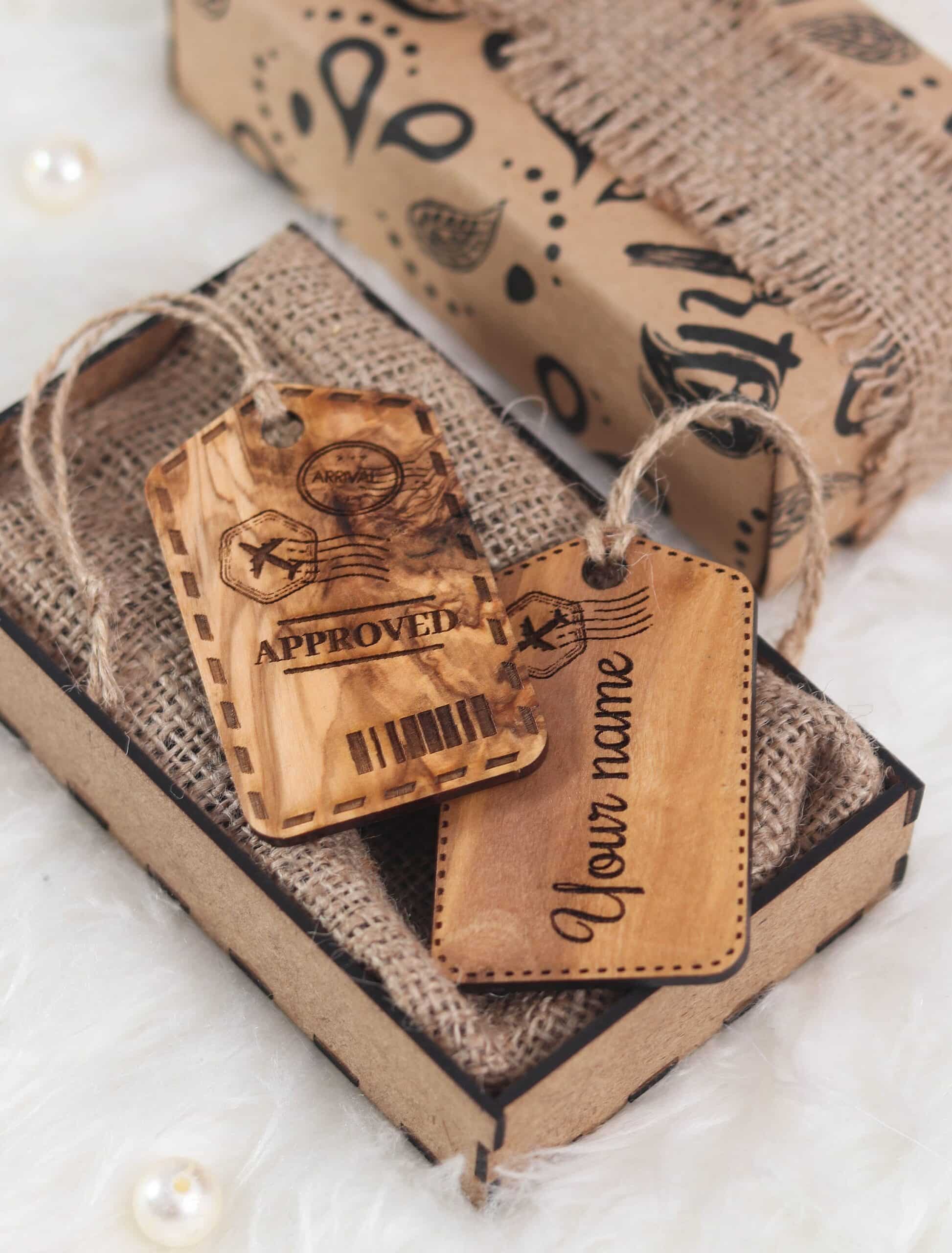 Custom Olive Wood Luggage Tags – Handmade Personalized Travel Accessory