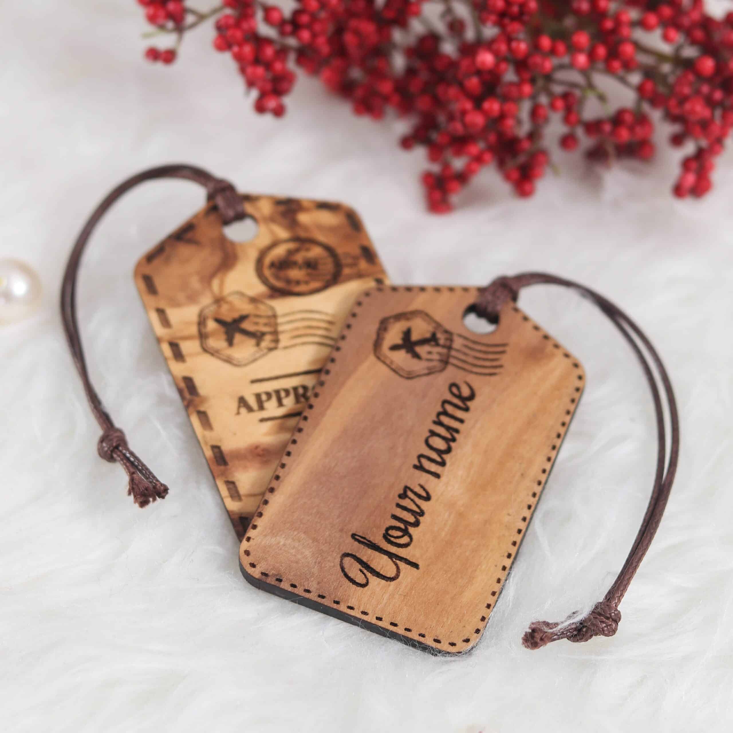 Custom Olive Wood Luggage Tags – Handmade Personalized Travel Accessory