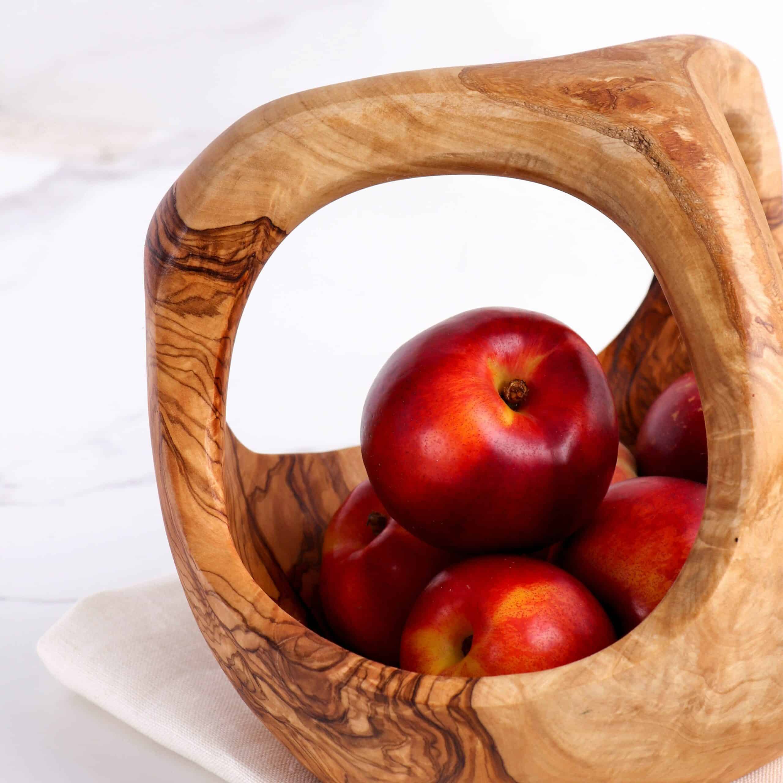 Olive Wood Fruit Basket with Handle – Handcrafted Wooden Kitchen Décor