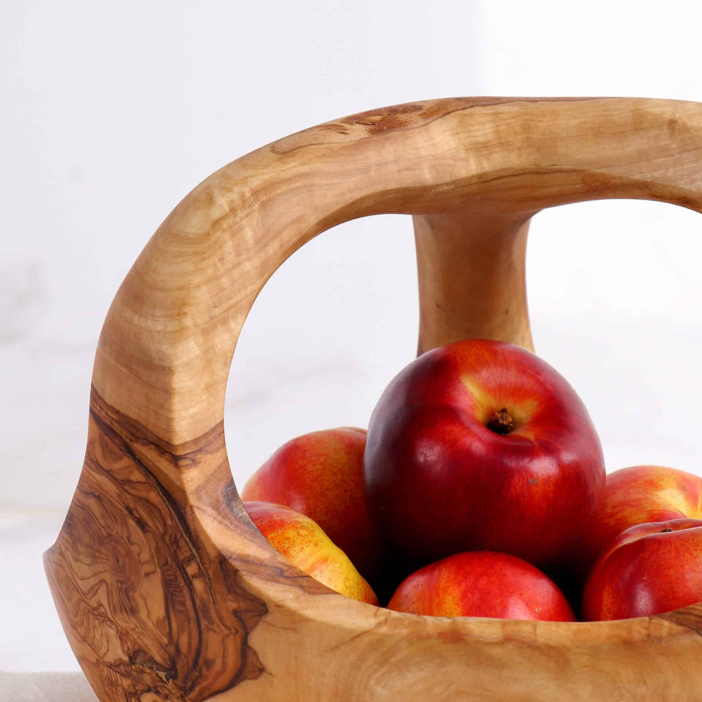 Olive Wood Fruit Basket with Handle – Handcrafted Wooden Kitchen Décor