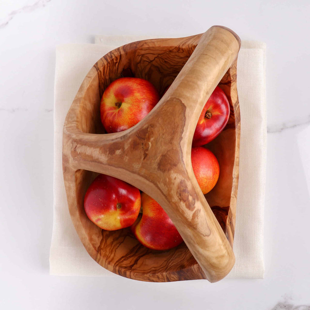 Olive Wood Fruit Basket with Handle – Handcrafted Wooden Kitchen Décor