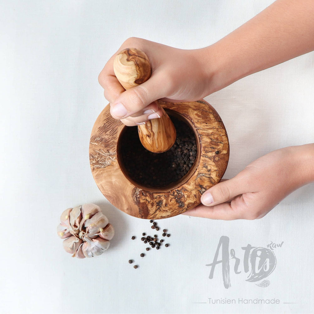 Rustic Olive Wood Mortar and Pestle – Handmade Kitchen Tool