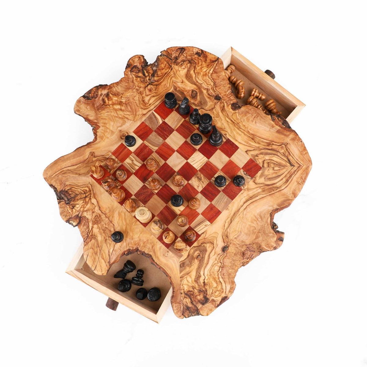 Rustic Olive Wood Chess Set with Storage – Handmade Board Game