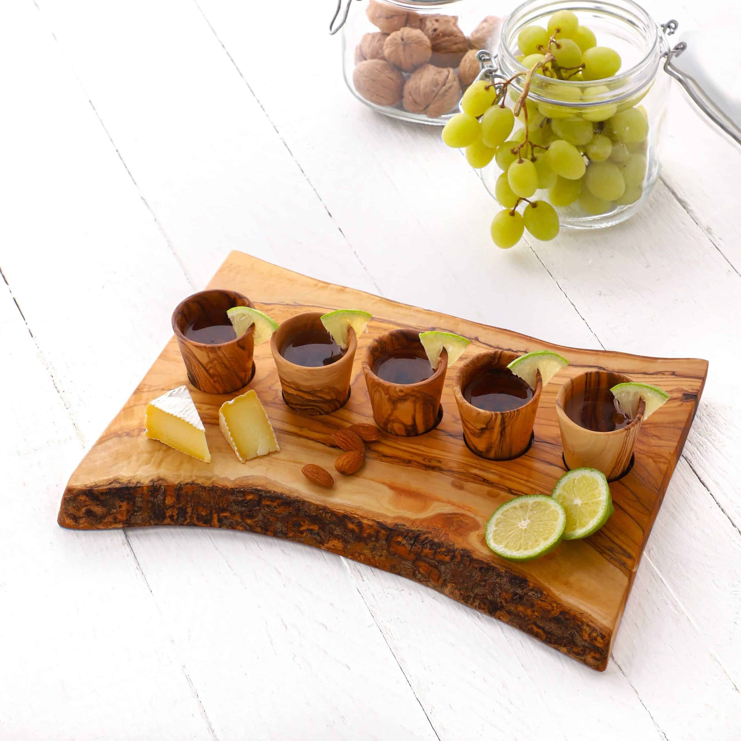 Set of 5 Wood Shot Glasses with Serving Board