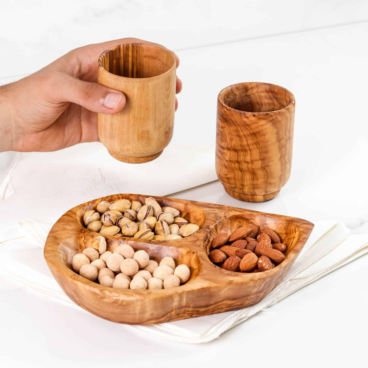 Divided serving dish made of Tunisian Olive Wood