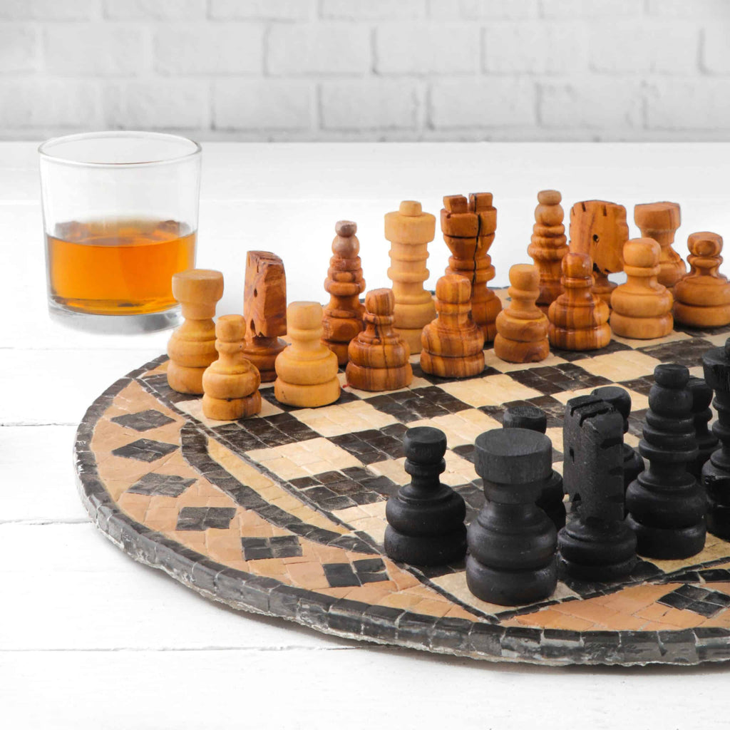 Elegant Marble & Olive Wood Chess Set – Hand-Carved Wooden Chess Pieces
