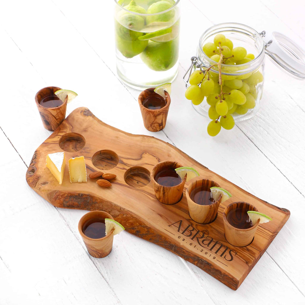 Set of 6 Wooden Shot Glasses with serving Board