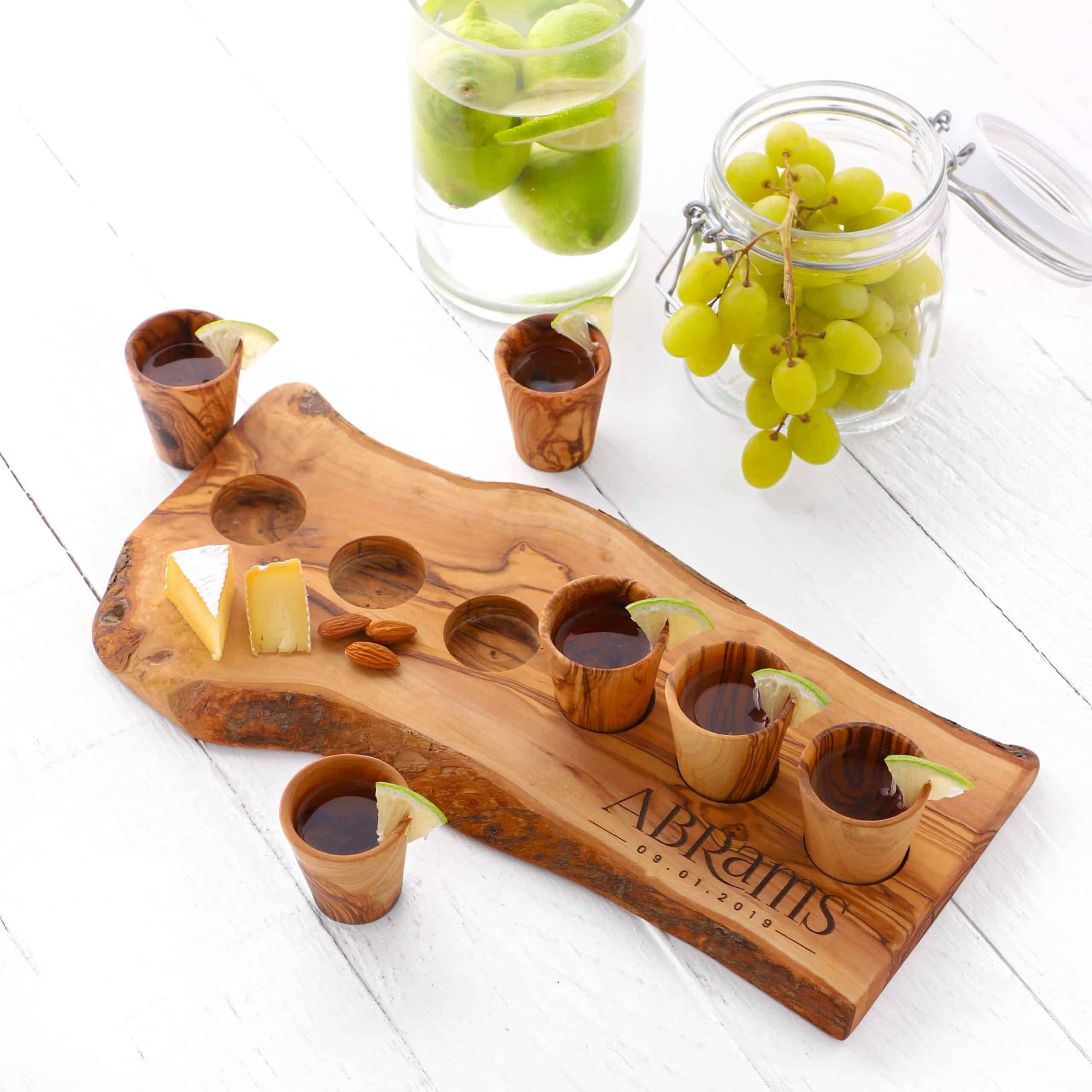 Set of 6 Wooden Shot Glasses with serving Board