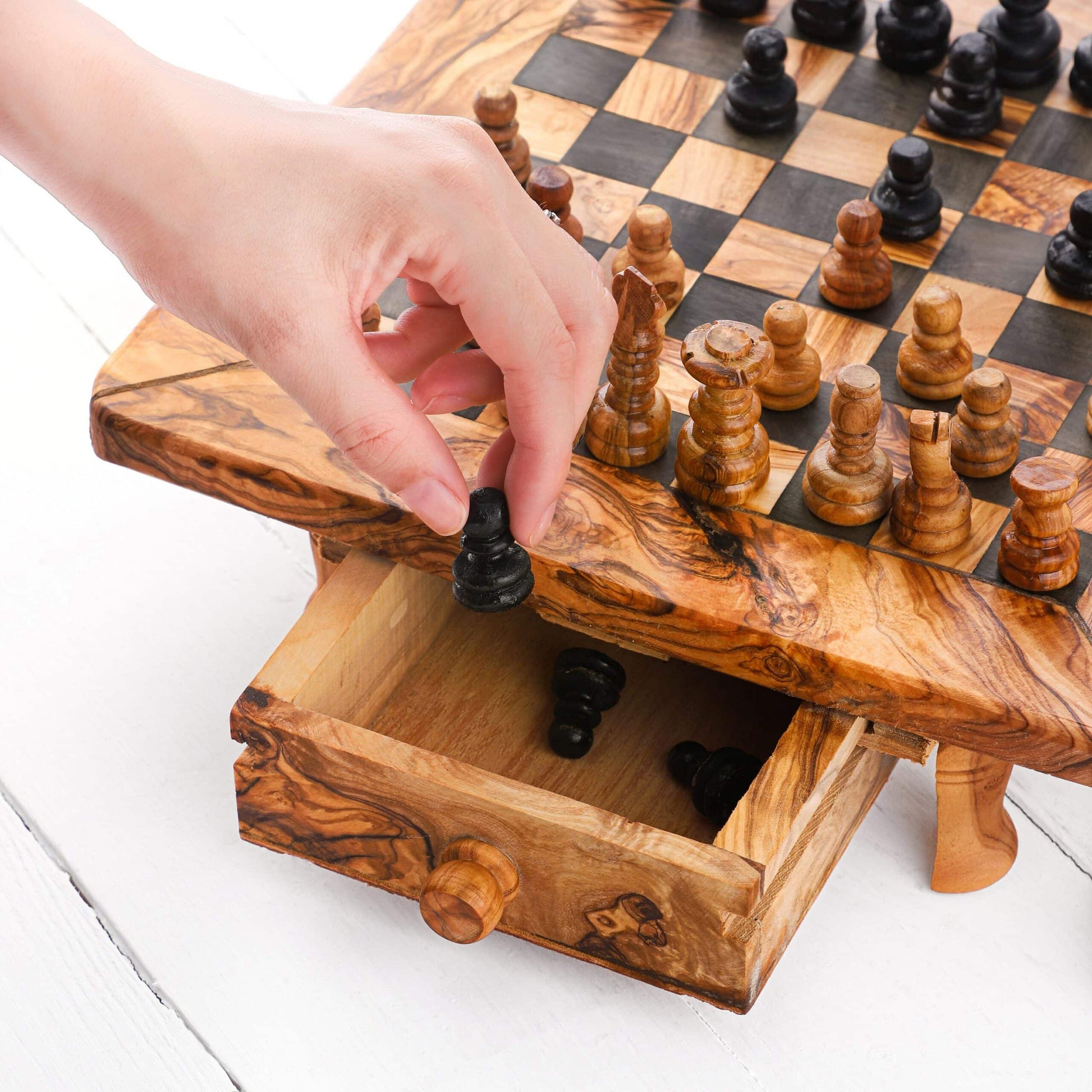 Classic Olive Wood Chess Set with Storage – Handmade Wooden Chess Board