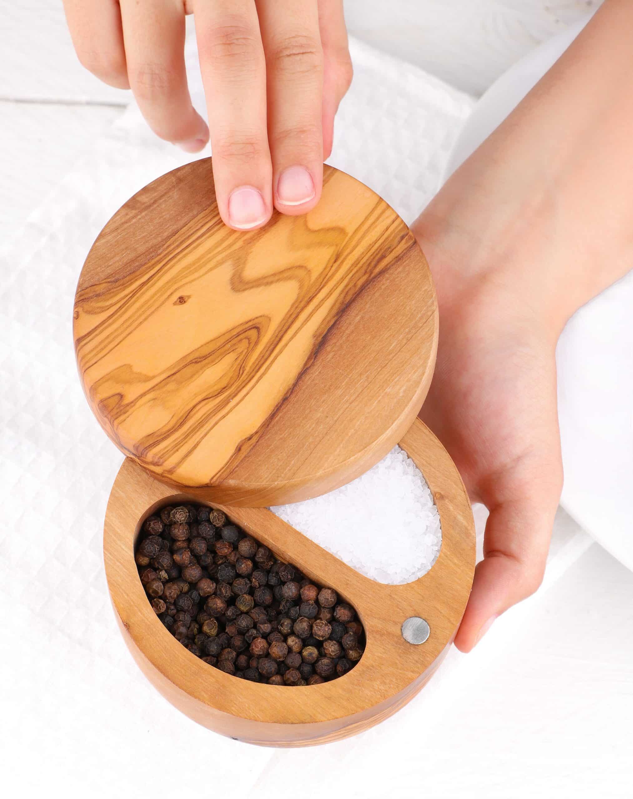 Divided Salt Cellar with Lid, Olive Wood Handmade
