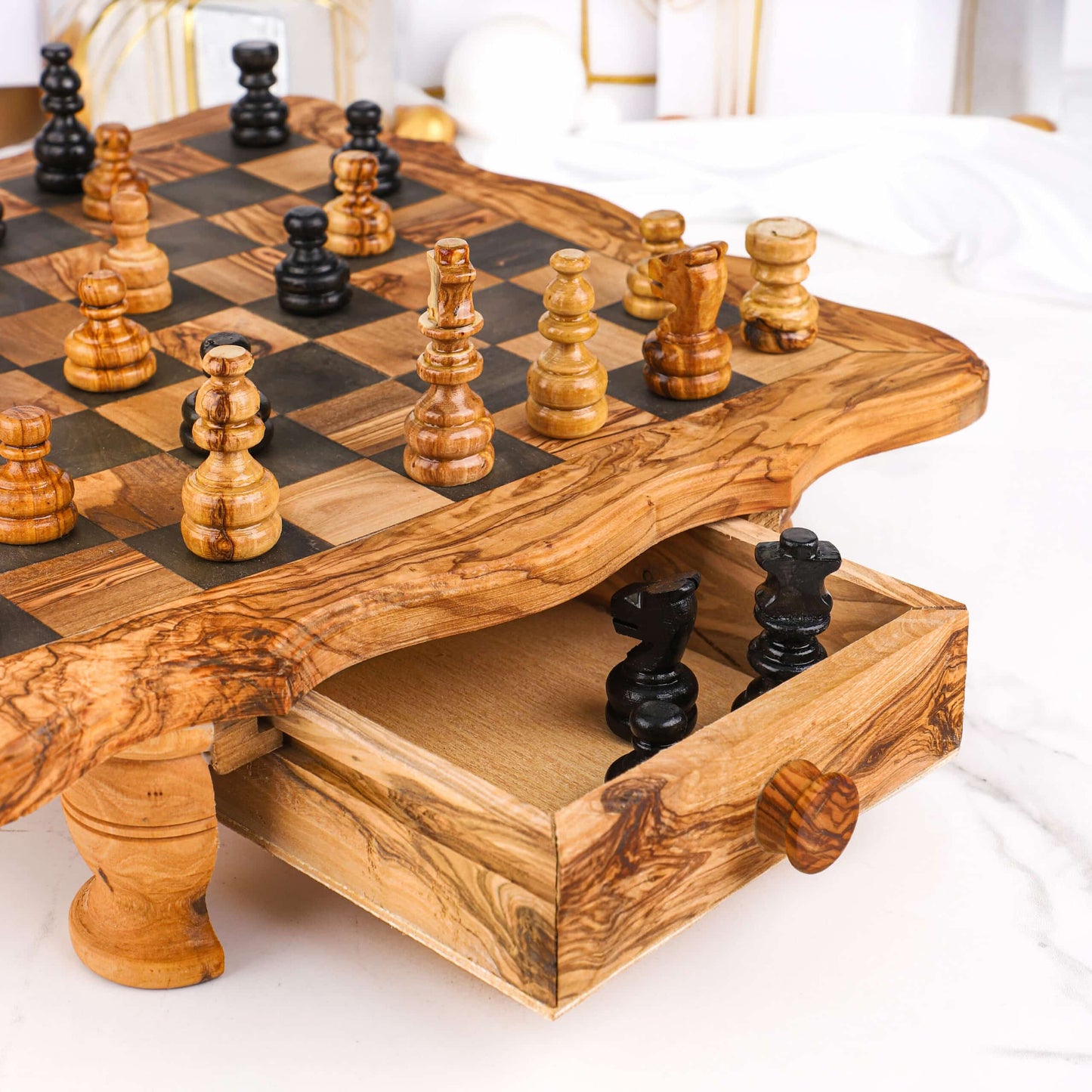 Fancy Olive Wood Chess Set with Storage and Pieces – Handcrafted Luxury Board Game