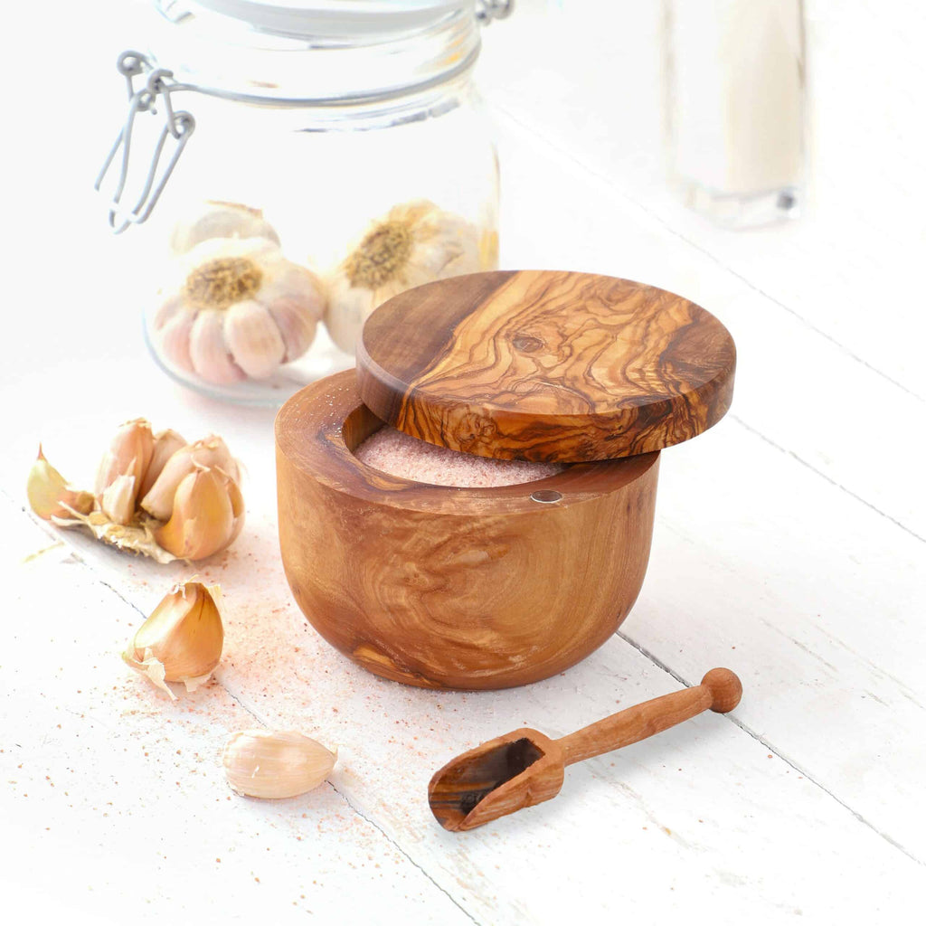 Wooden Salt Cellar with Lid and Wooden Spoon