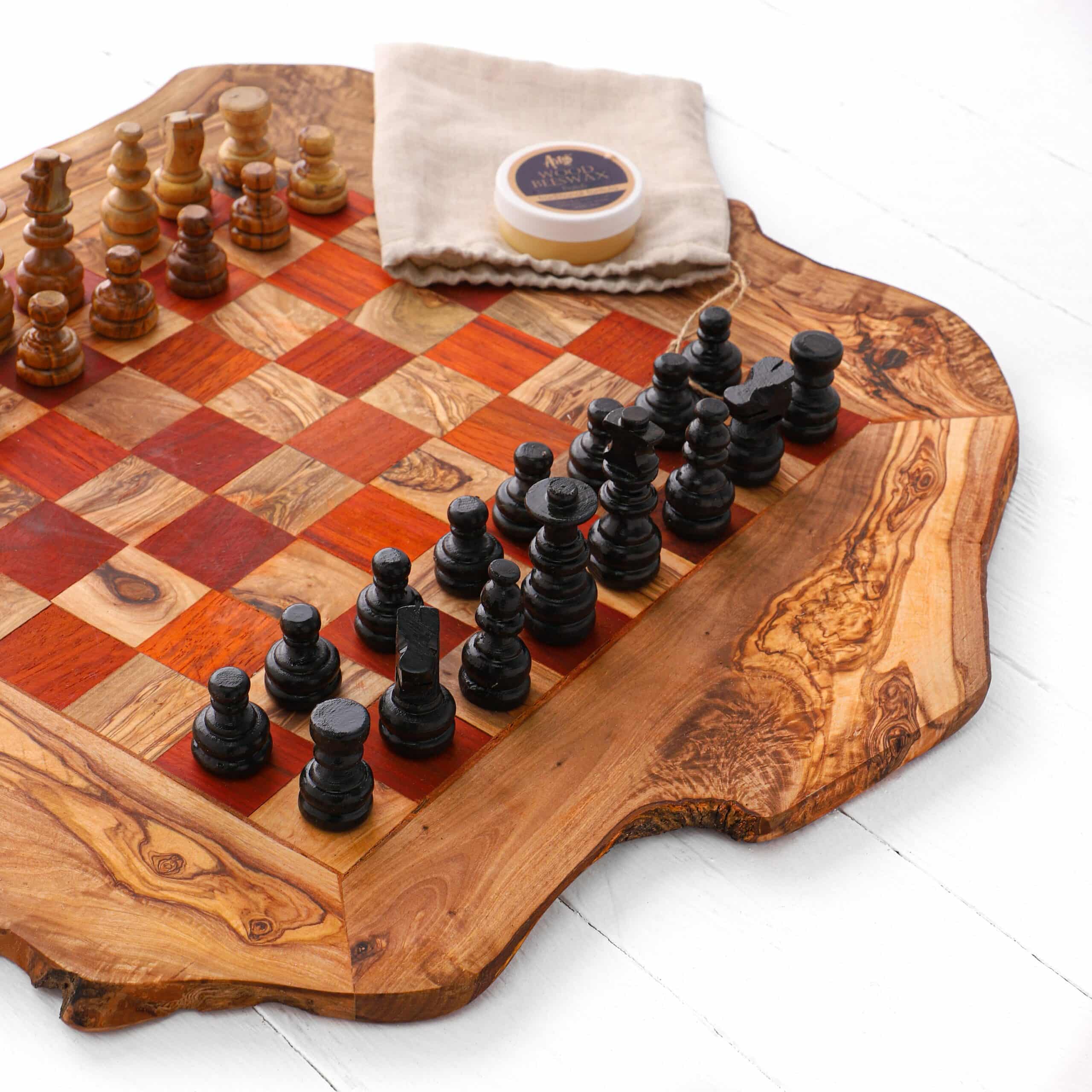 Olive Wood Chess Set with Irregular Rustic Board – Handcrafted Rustic Elegance