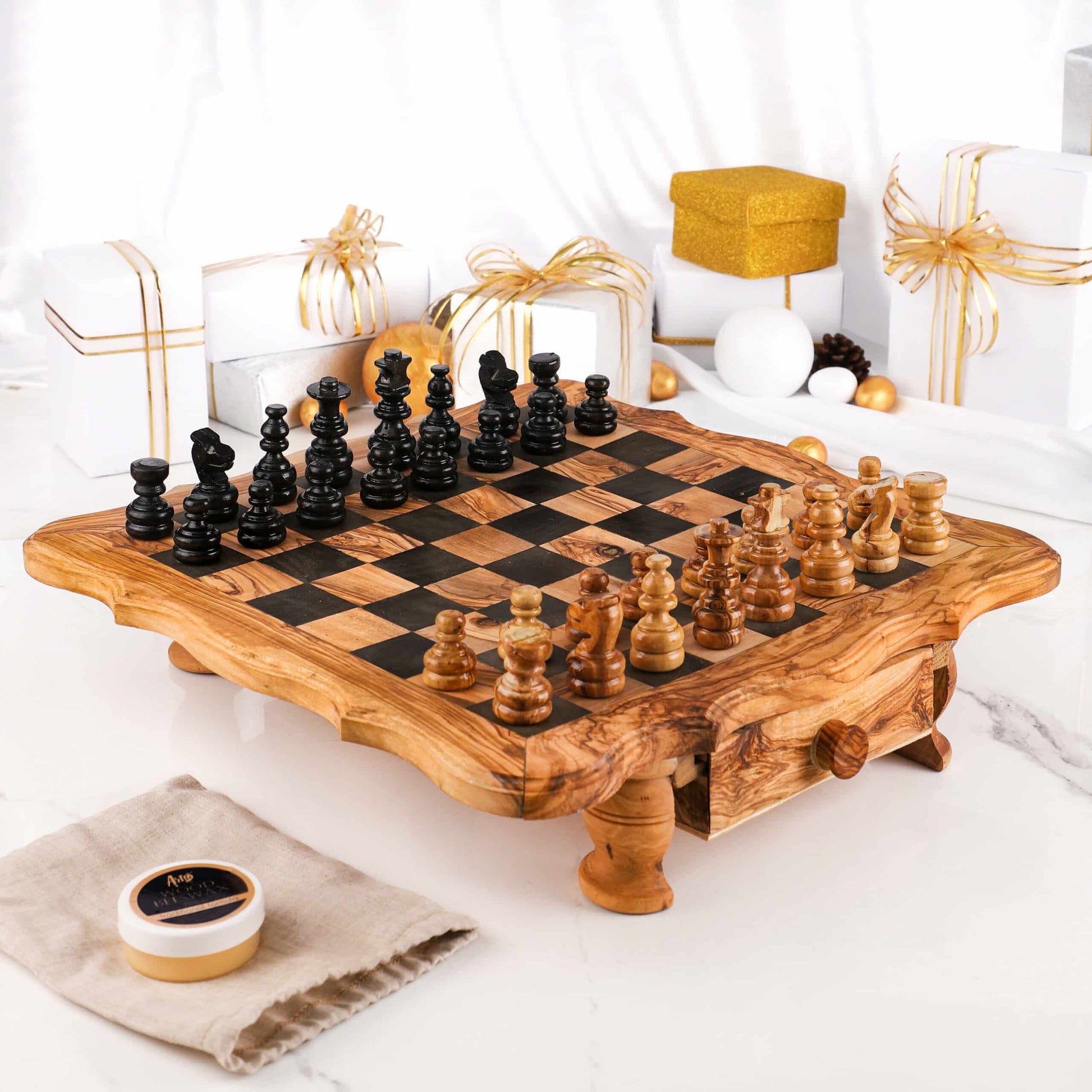 Fancy Olive Wood Chess Set with Storage and Pieces – Handcrafted Luxury Board Game