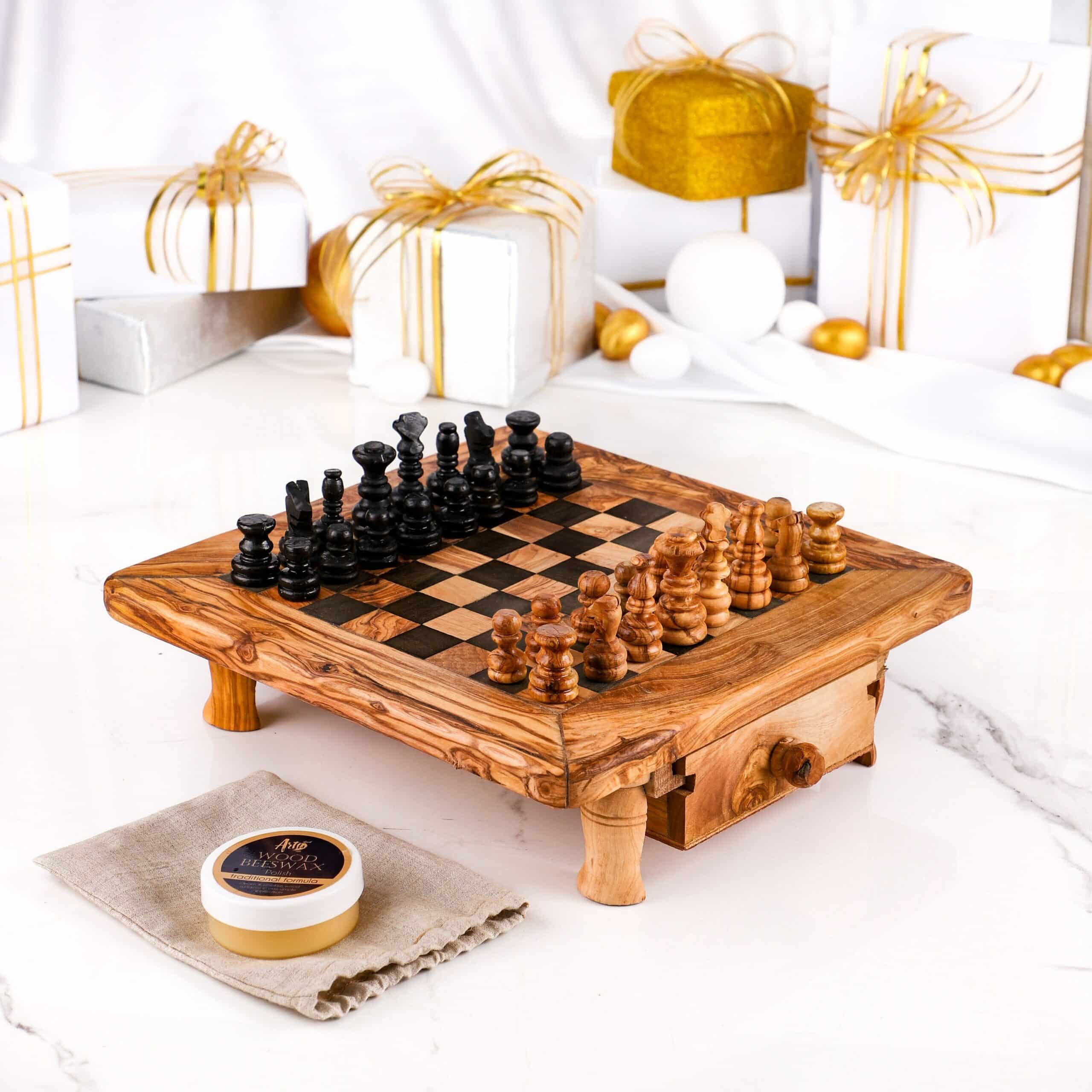 Classic Olive Wood Chess Set with Storage – Handmade Wooden Chess Board