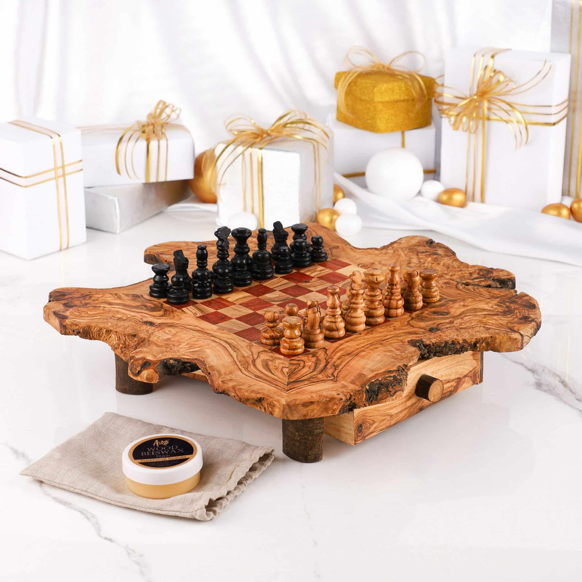Rustic Olive Wood Chess Set with Storage – Handmade Board Game