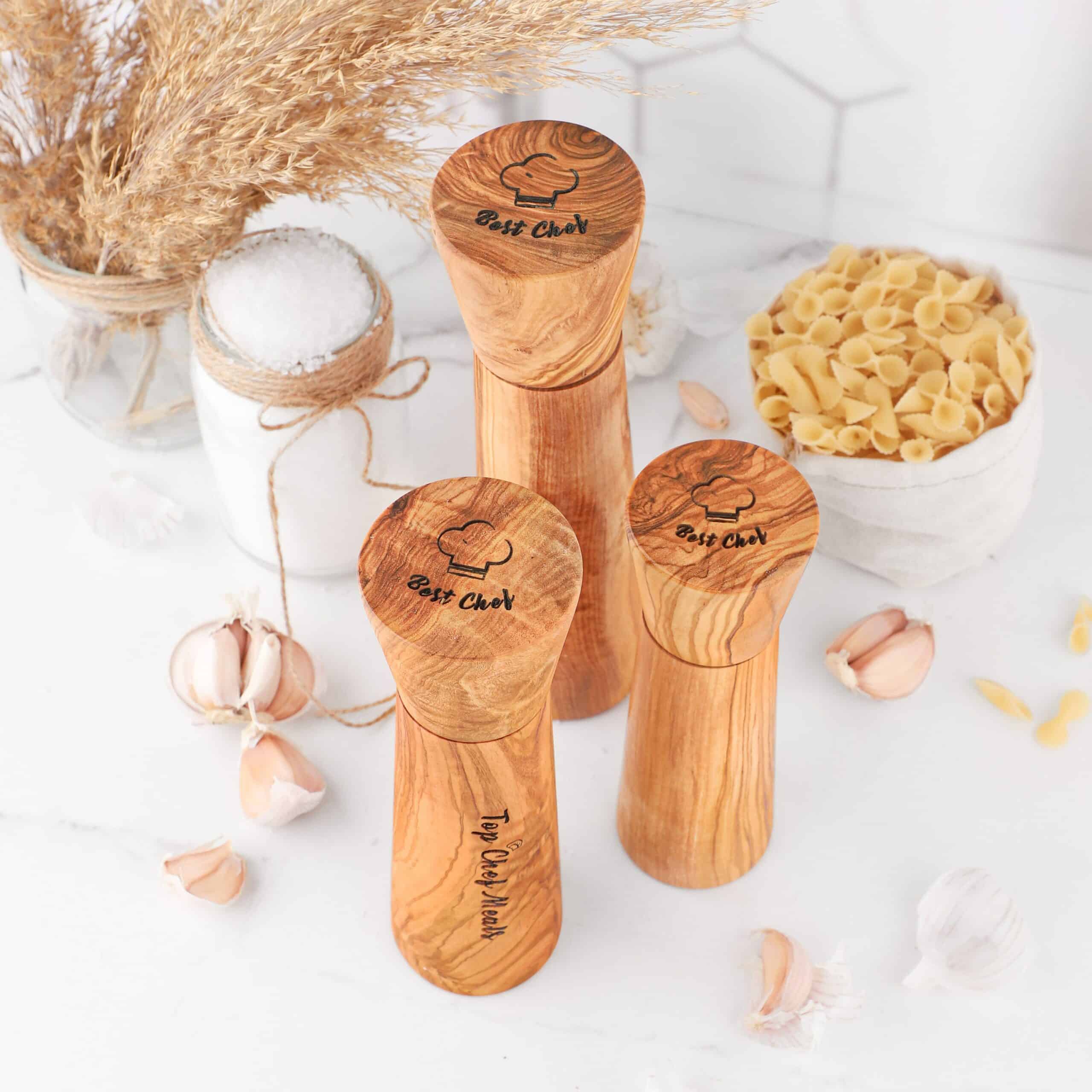 Olive Wood Salt and Pepper Grinder Set – Handmade Wooden Mill Set