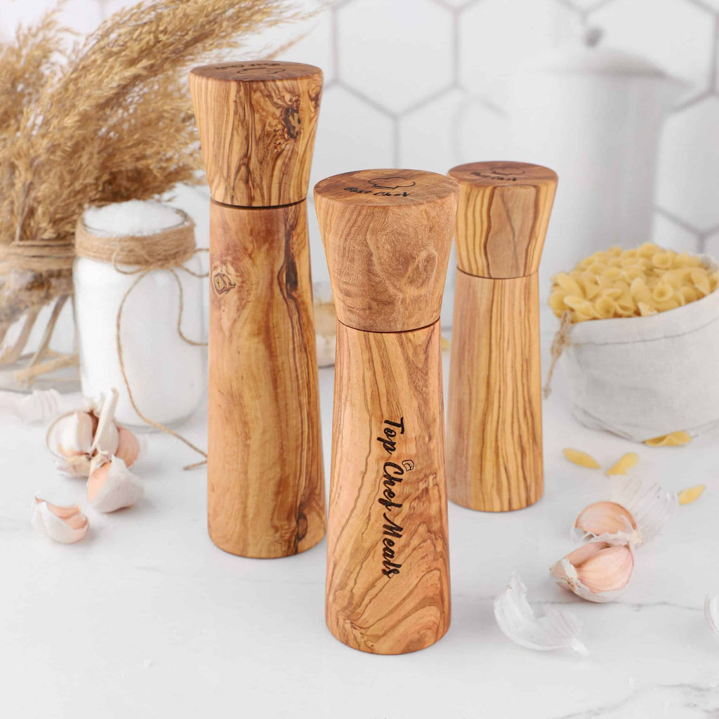 Olive Wood Salt and Pepper Grinder Set – Handmade Wooden Mill Set