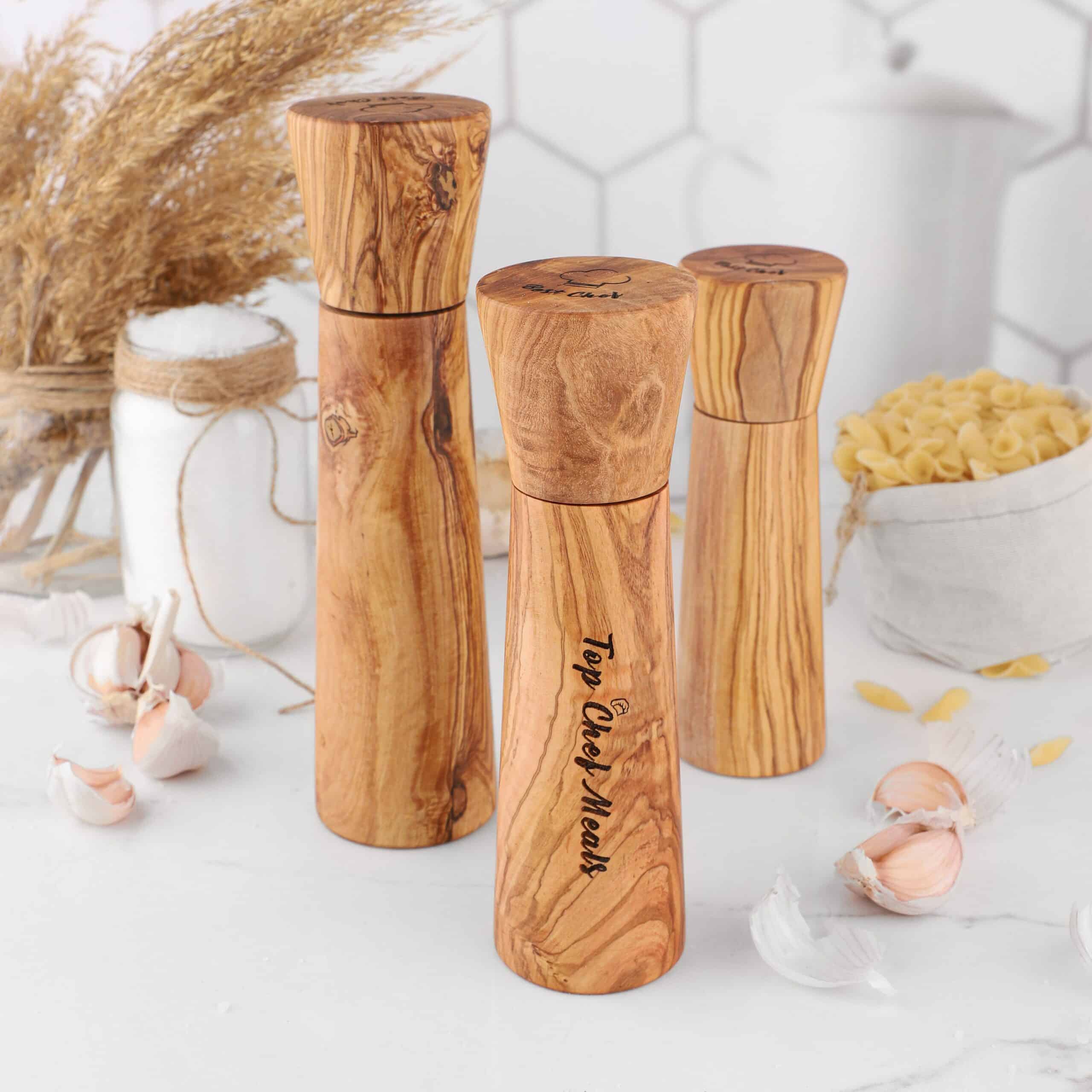 Olive Wood Salt and Pepper Grinder Set – Handmade Wooden Mill Set
