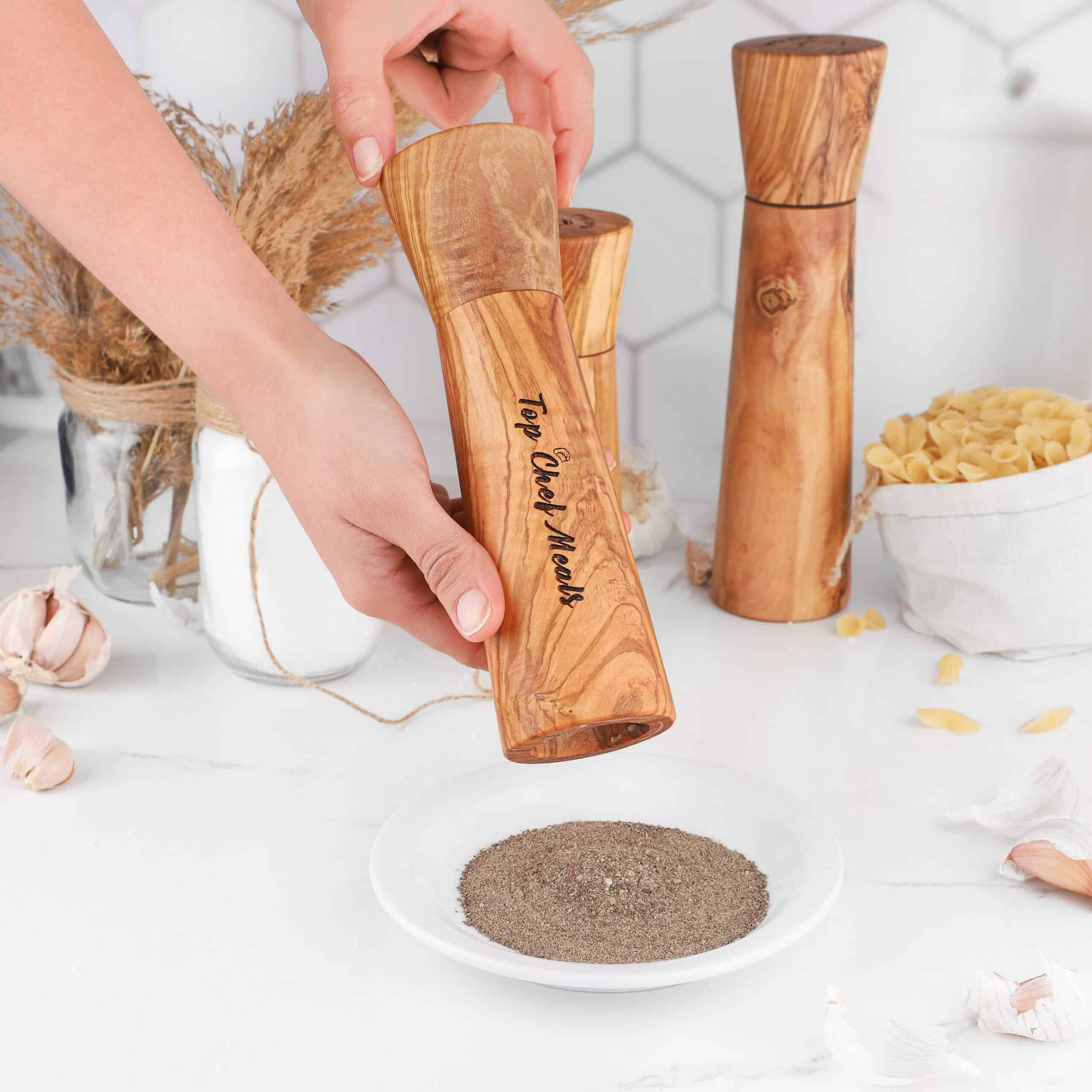 Olive Wood Salt and Pepper Grinder Set – Handmade Wooden Mill Set