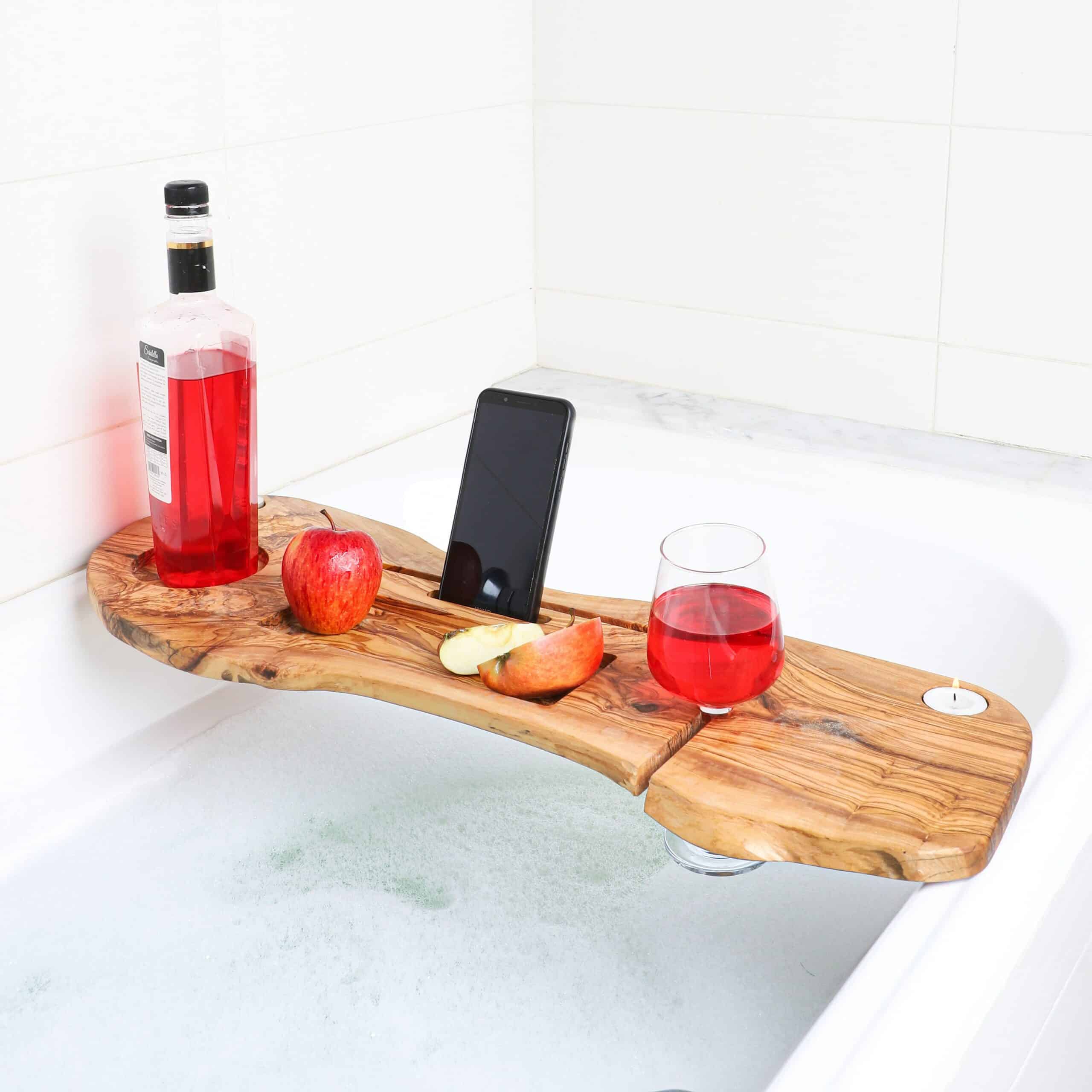 Wooden Bath Caddy Made of Olive Wood – Luxury Handmade Bathtub Tray