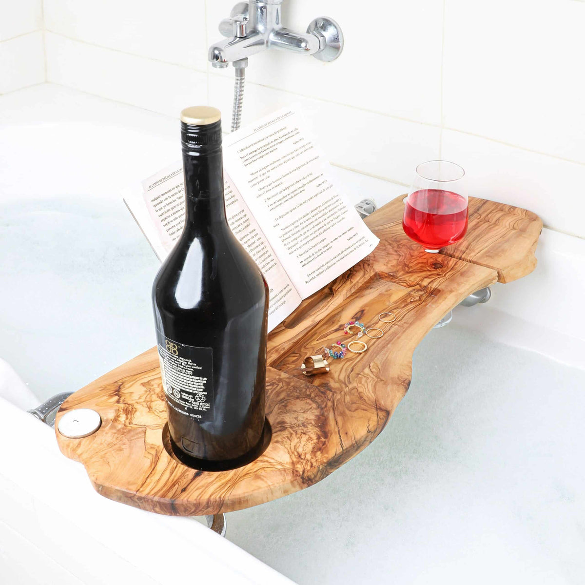 Wooden Bath Caddy Made of Olive Wood – Luxury Handmade Bathtub Tray