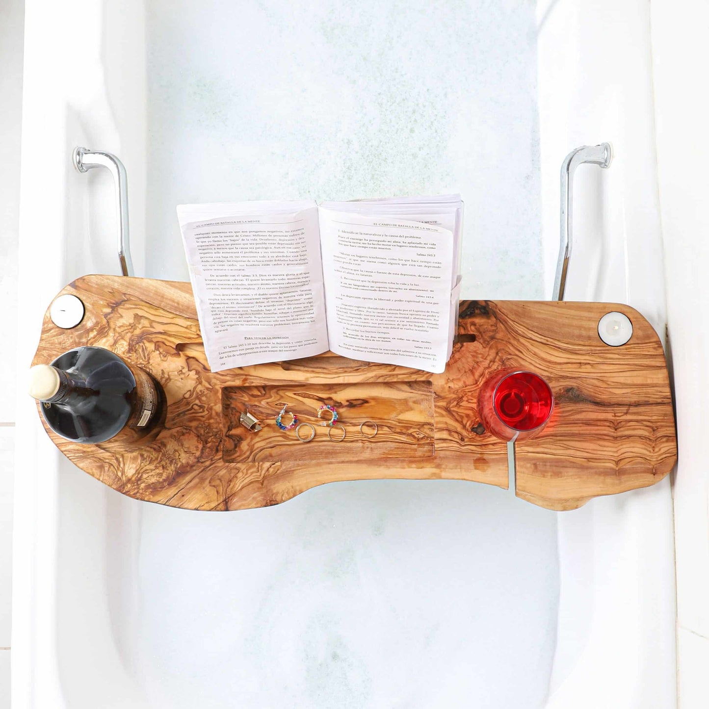 Wooden Bath Caddy Made of Olive Wood – Luxury Handmade Bathtub Tray
