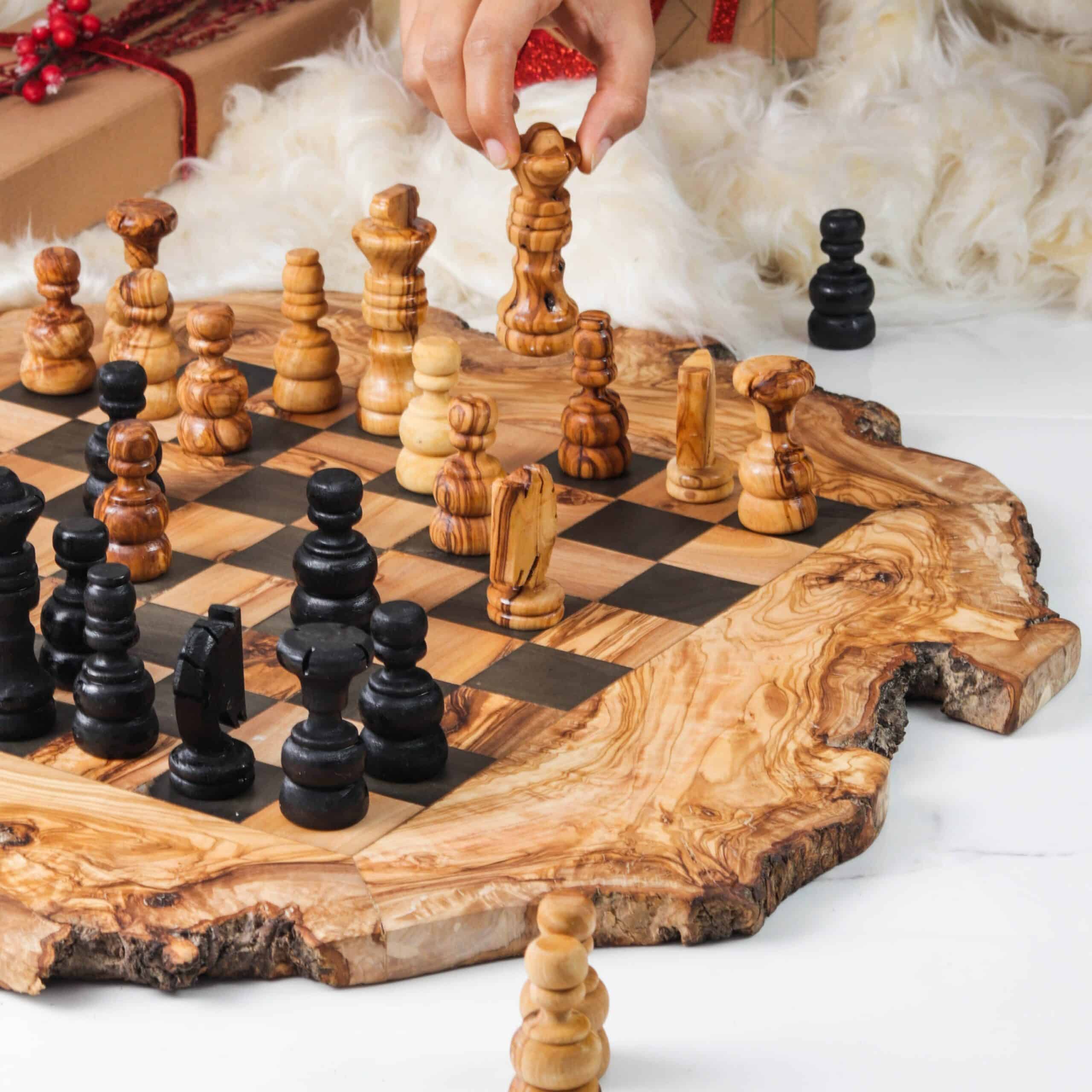 Olive Wood Chess Set with Irregular Rustic Board – Handcrafted Rustic Elegance