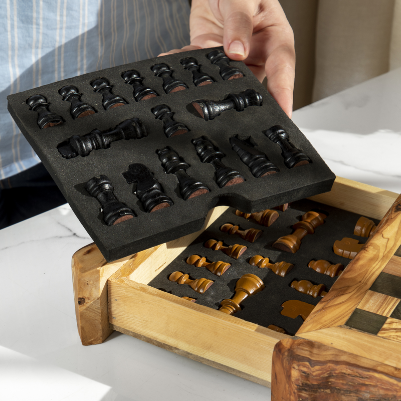 Handmade Olive Wood Chess Set – Live Edge Board