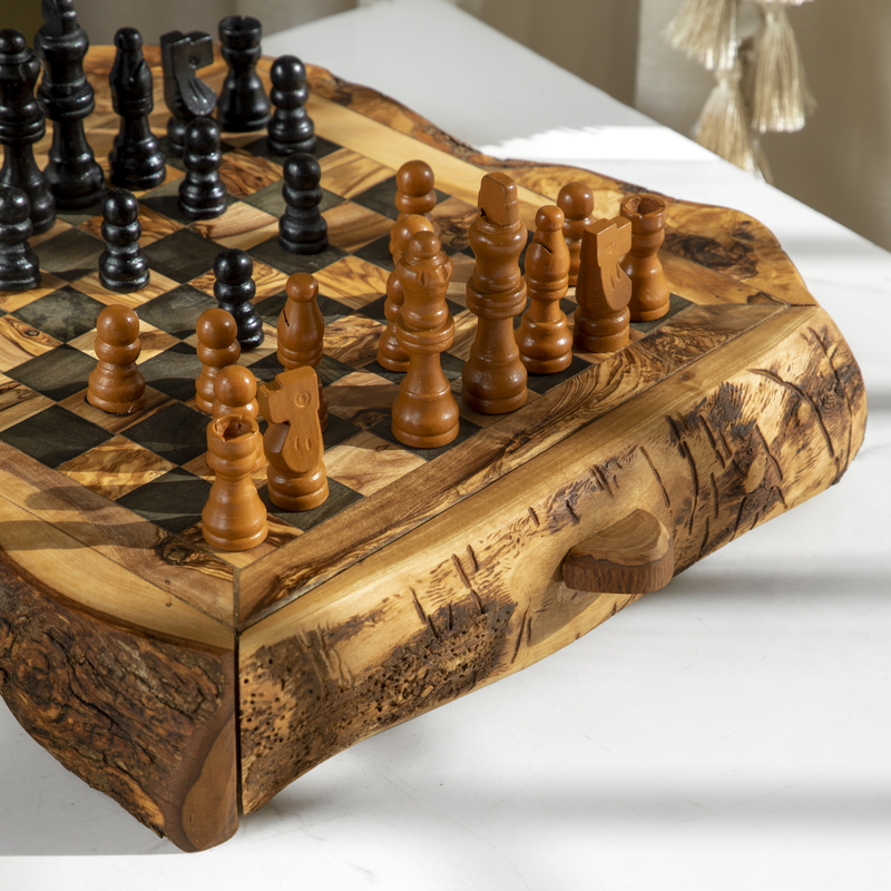 Handmade Olive Wood Chess Set – Live Edge Board