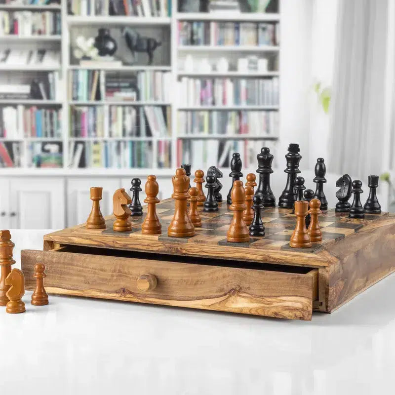 Olive Wood Chess Set with Drawer – Inlaid Board