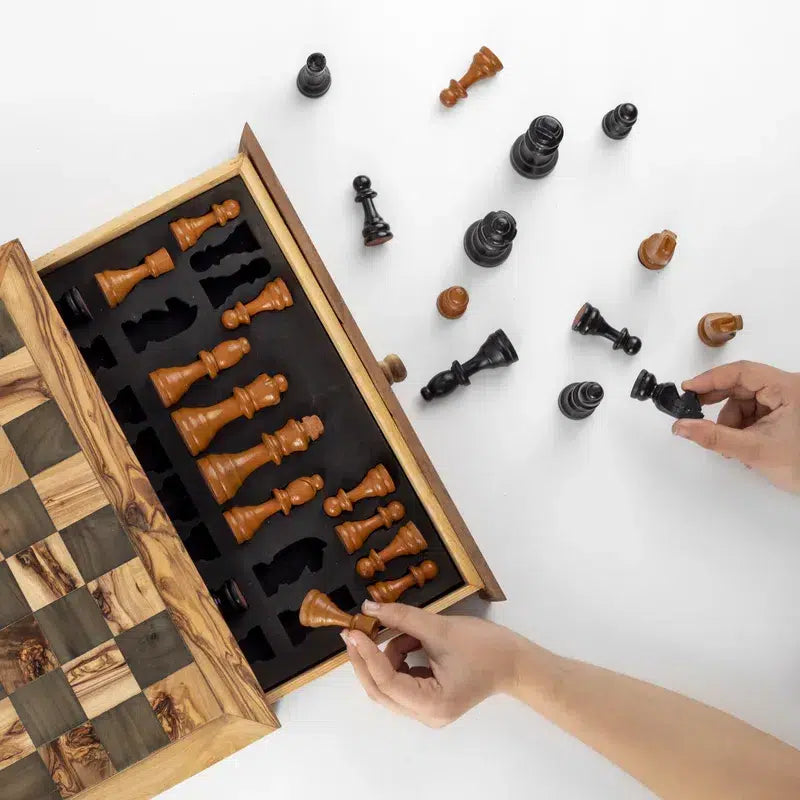 Olive Wood Chess Set with Drawer – Inlaid Board